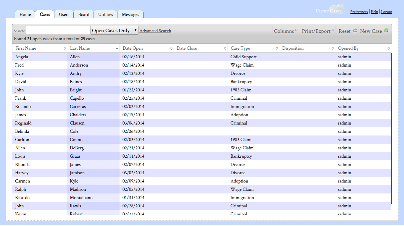 Base de datos de casos de clientes en ClinicCases