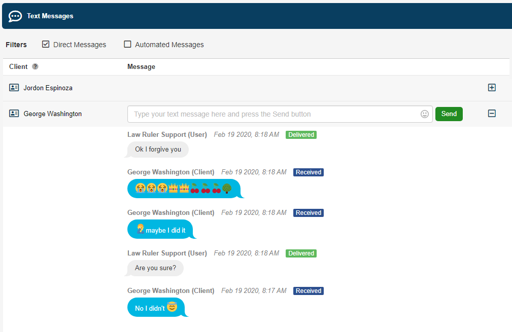 Mensagens de texto em tempo real com clientes no software Law Ruler.