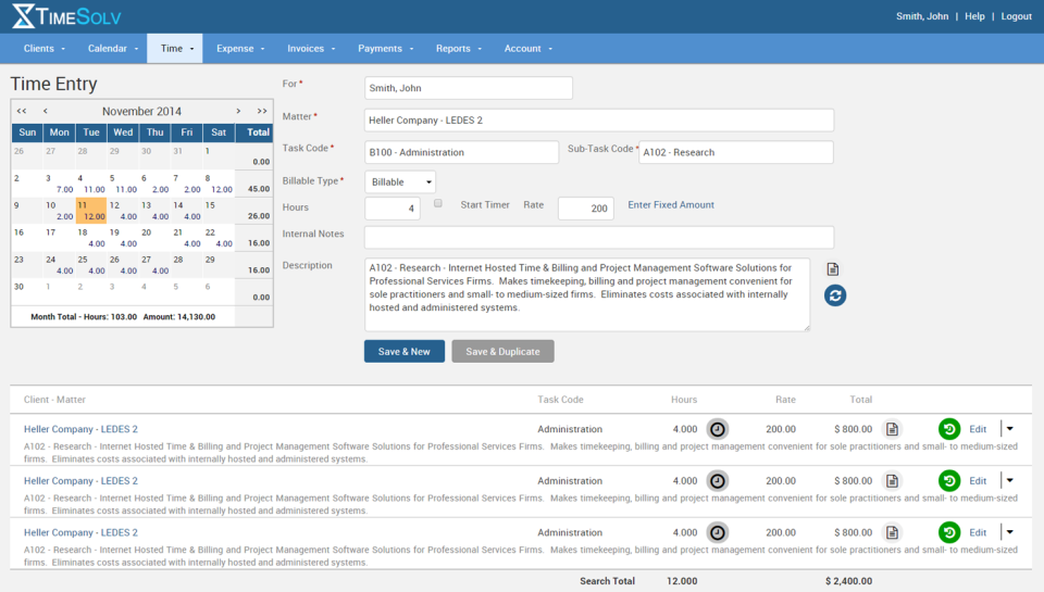 Immettere le voci per le ore fatturabili in TimeSolv Legal Billing.