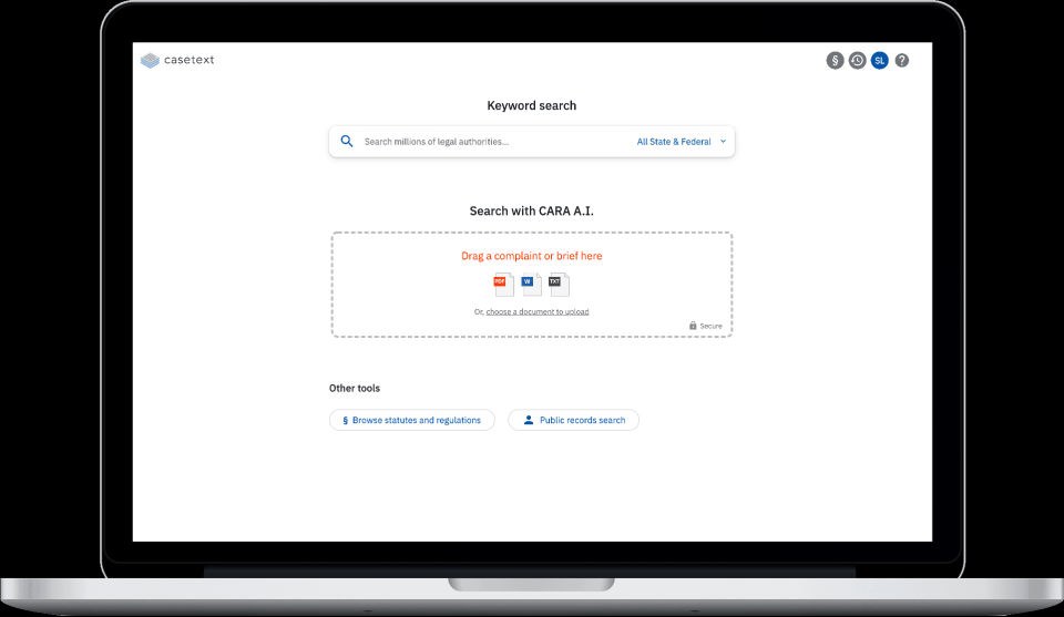 Pesquise legislação por palavra-chave ou fazendo upload de um arquivo .pdf, .doc ou .txt no CARA da Casetext.