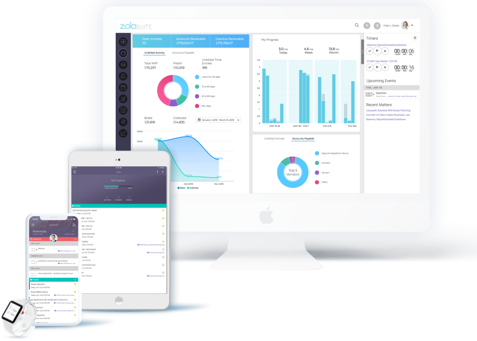 O Zola Suite é uma plataforma de software de gerenciamento de casos jurídicos baseada em nuvem, que permite que os usuários acessem suas contas e dados de vários dispositivos.