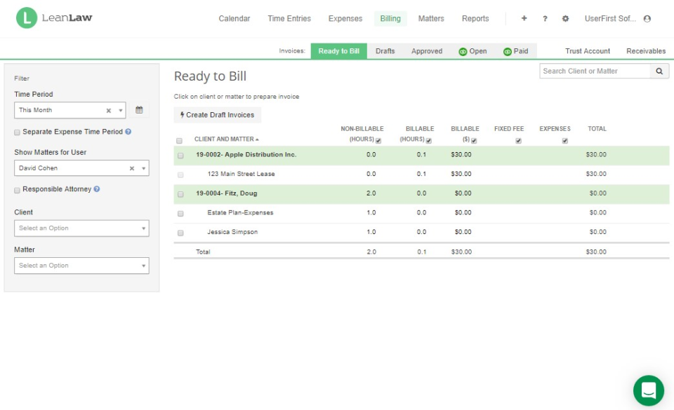 O LeanLaw facilita para os usuários rastrear contas e faturas e configurar o faturamento automático