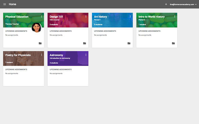 ภาพหน้าจอของหน้าจอหลักใน Google Classroom