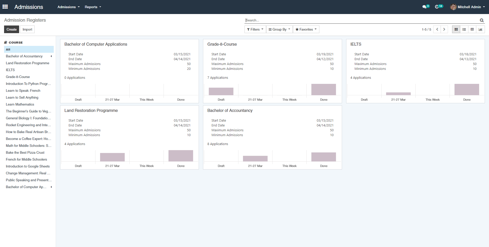 OpenEduCat学校管理ソフトウェアで入学登録を表示します。