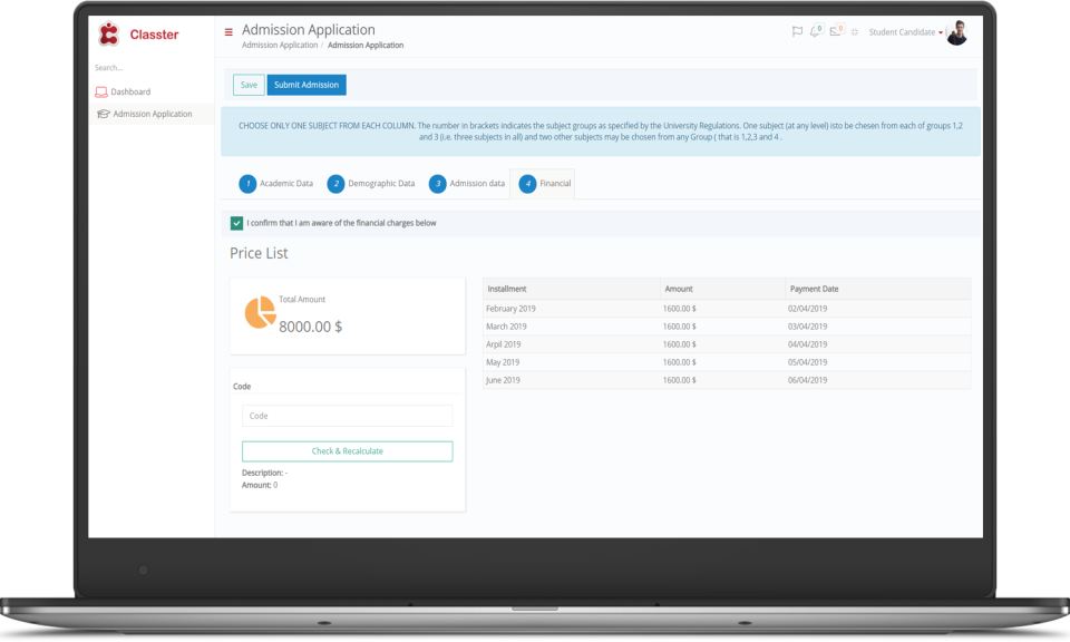 Tablero de admisión en una herramienta de software de administración escolar llamada Classter.