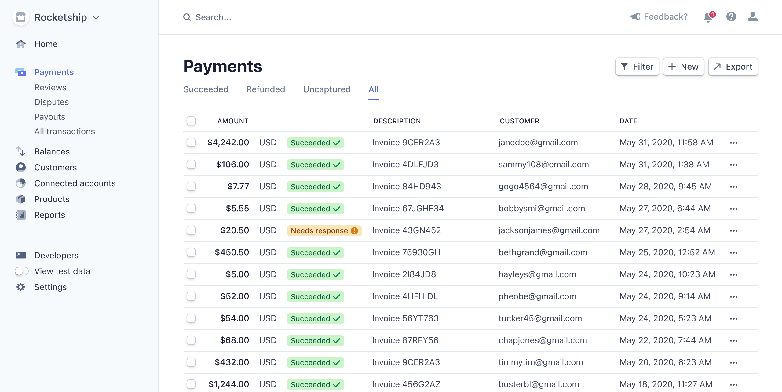 Stripe'deki Ödemeler panosunun ekran görüntüsü