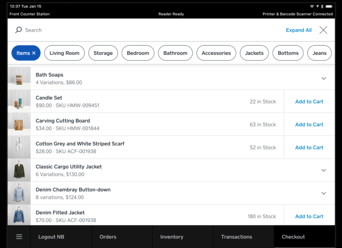 สกรีนช็อตของการจัดการสินค้าคงคลังใน Square for Retail