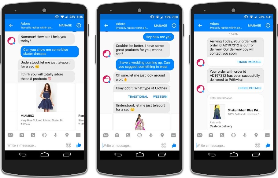 captura de pantalla de adoro chatbot de facebook