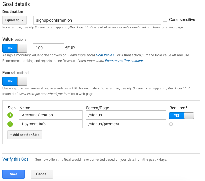 configuración de objetivos analíticos