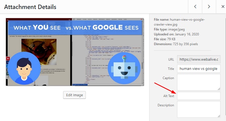 tambahkan teks alternatif gambar di editor wordpress