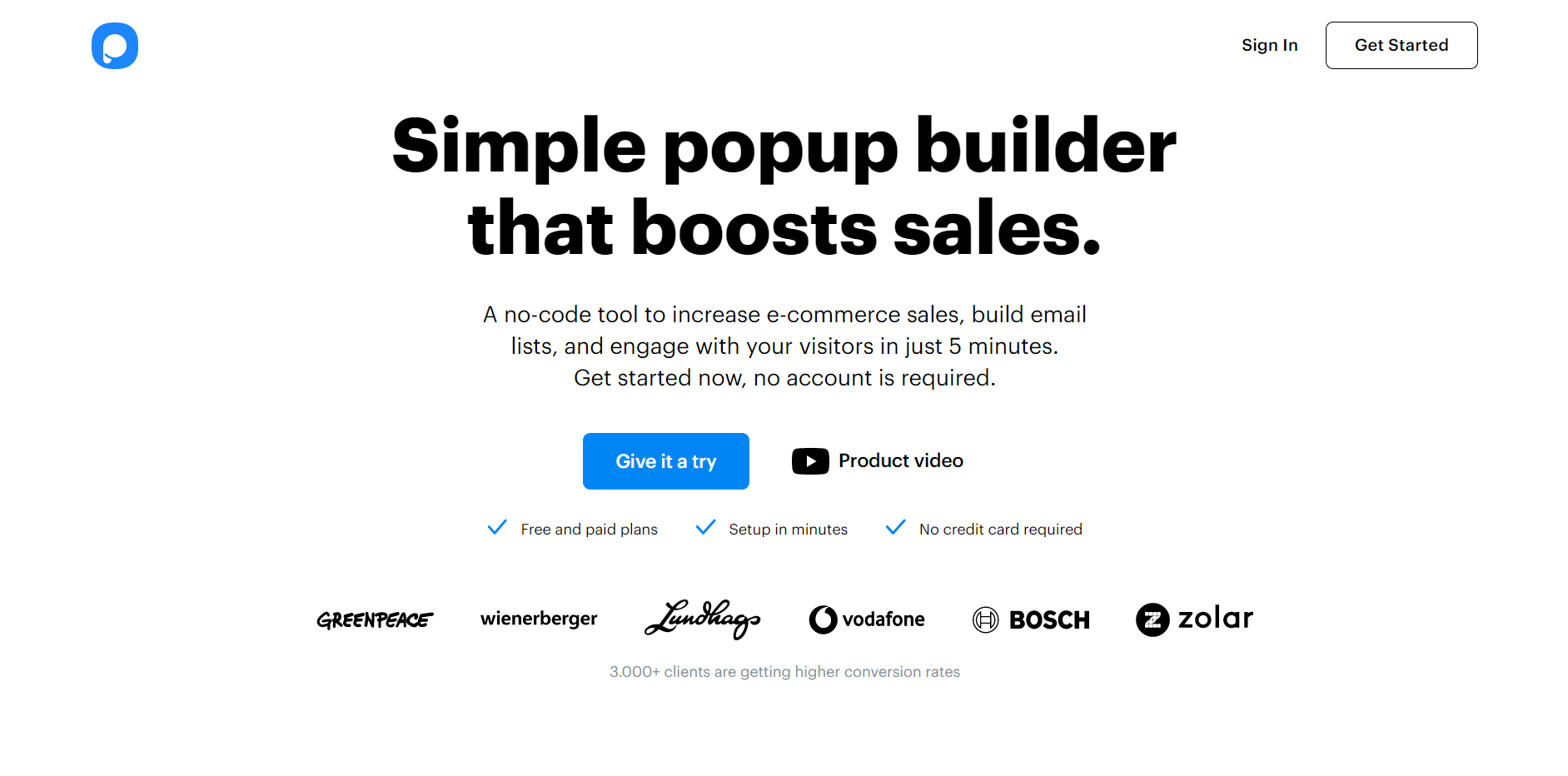 Exemplo de ferramenta da Shopify Página inicial do Popupsmart