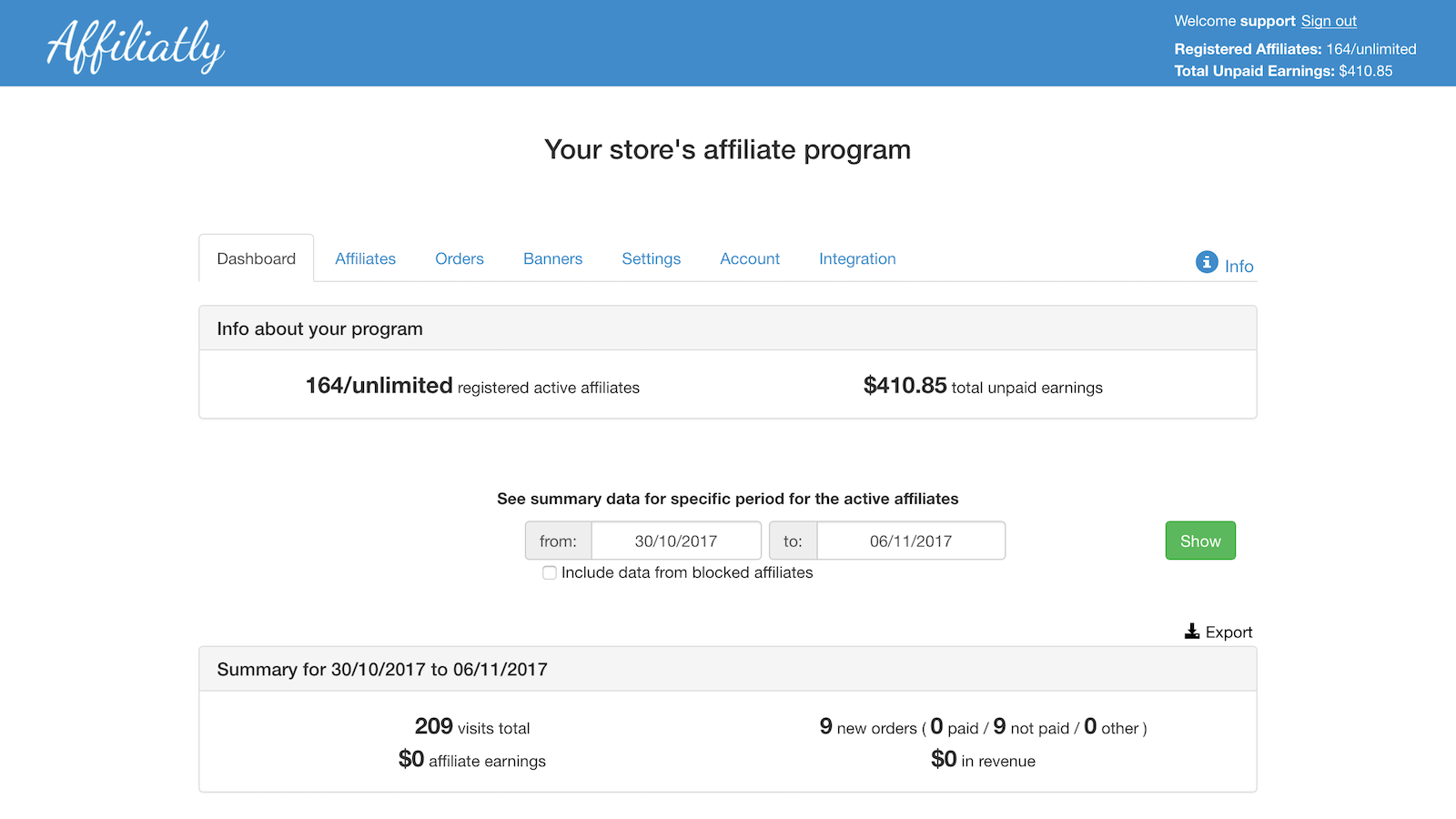 Affiatly Shopify 앱 예시.