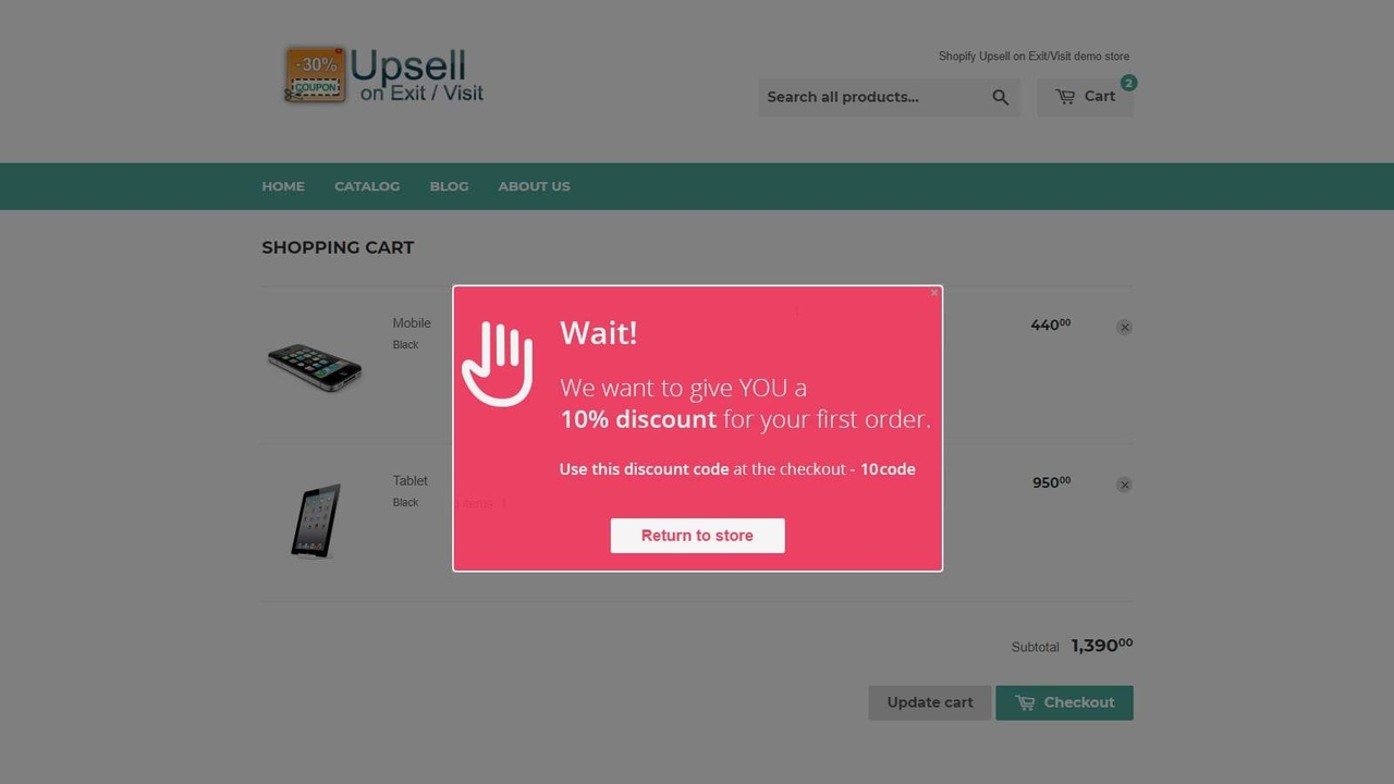 Popup Upsell indirim kuponu açılır penceresi.