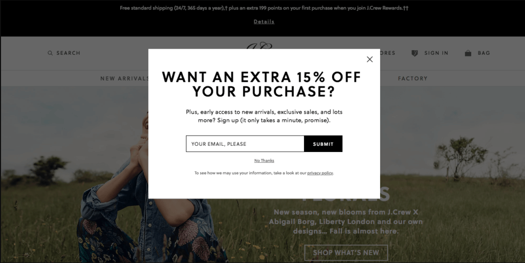 jcrew e-mail subskrybuj wyskakujące okienko promocyjne wyskakujące okienko zamiaru wyjścia