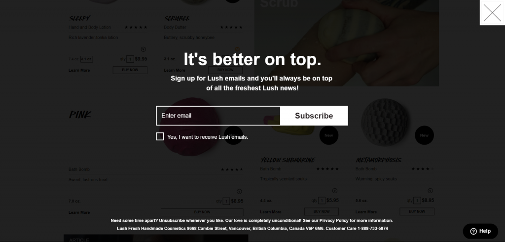 Lush.com 退出意图电子邮件弹出示例全屏弹出