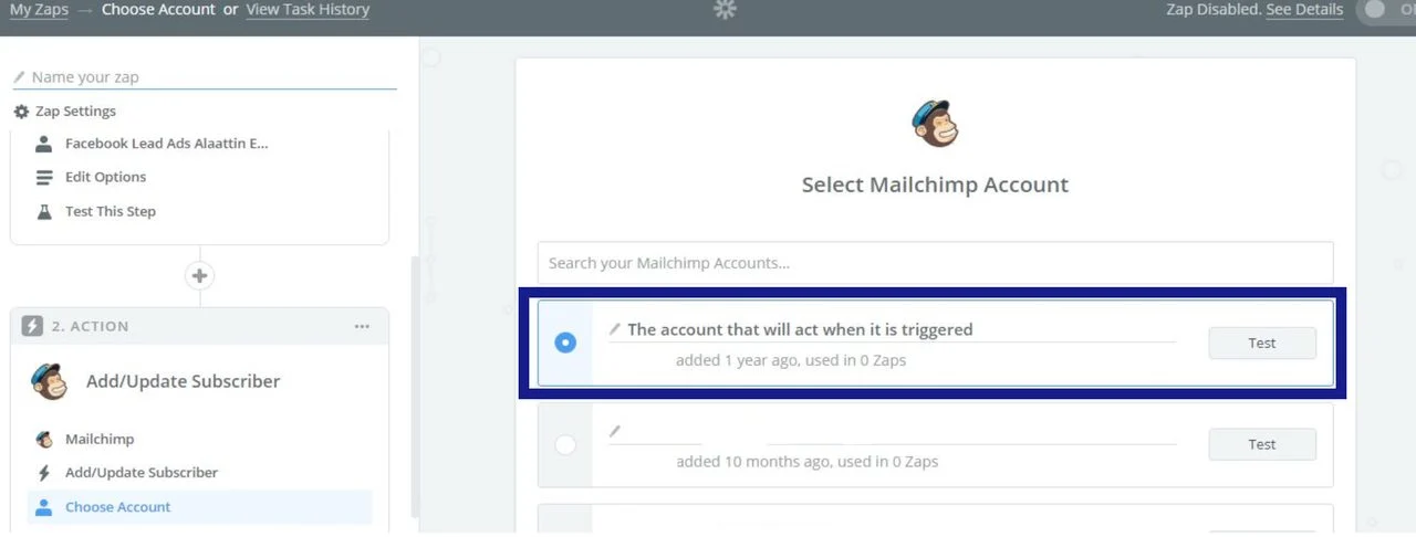 Pilih akun untuk aplikasi aksi di gambar zapier