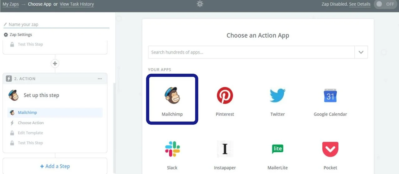 choisissez une application d'action pour continuer à créer du zap dans zapier