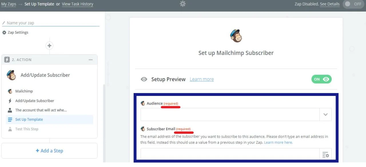 se debe completar la vista previa de configuración para continuar con la creación de un zap