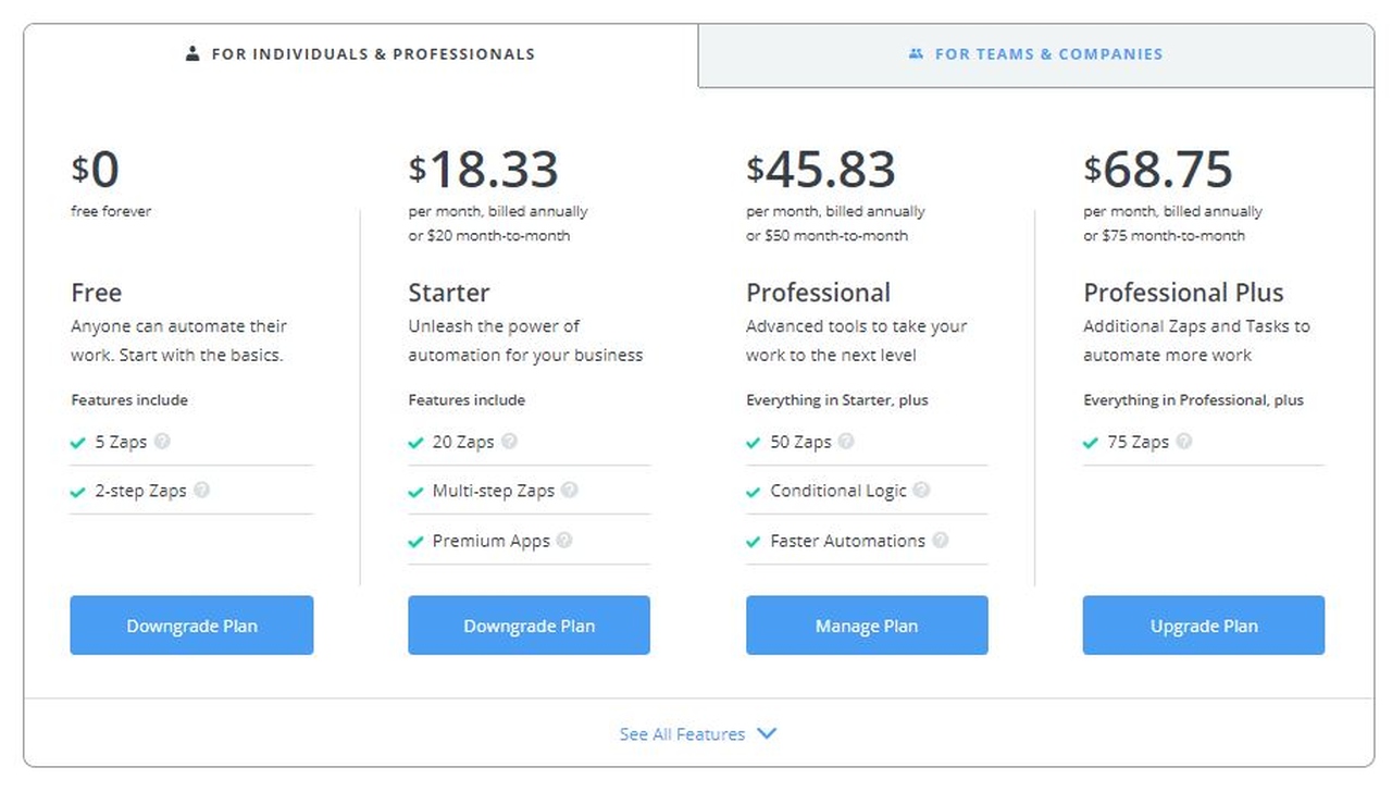Plano de preços do aplicativo Zapier para clientes individuais
