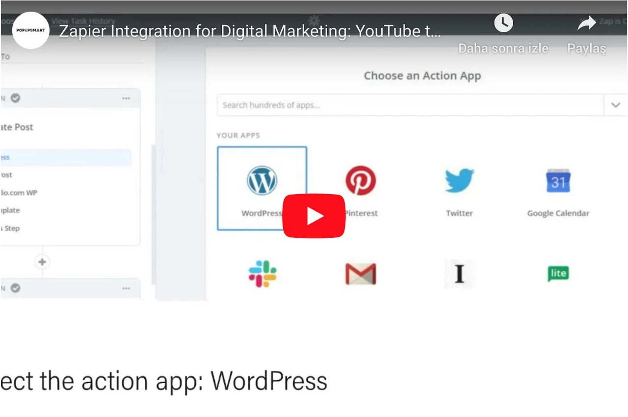 ภาพวิดีโอตัวอย่าง Youtube to Wordpress และ Pinterest zap โดยช่องของ popupsmart