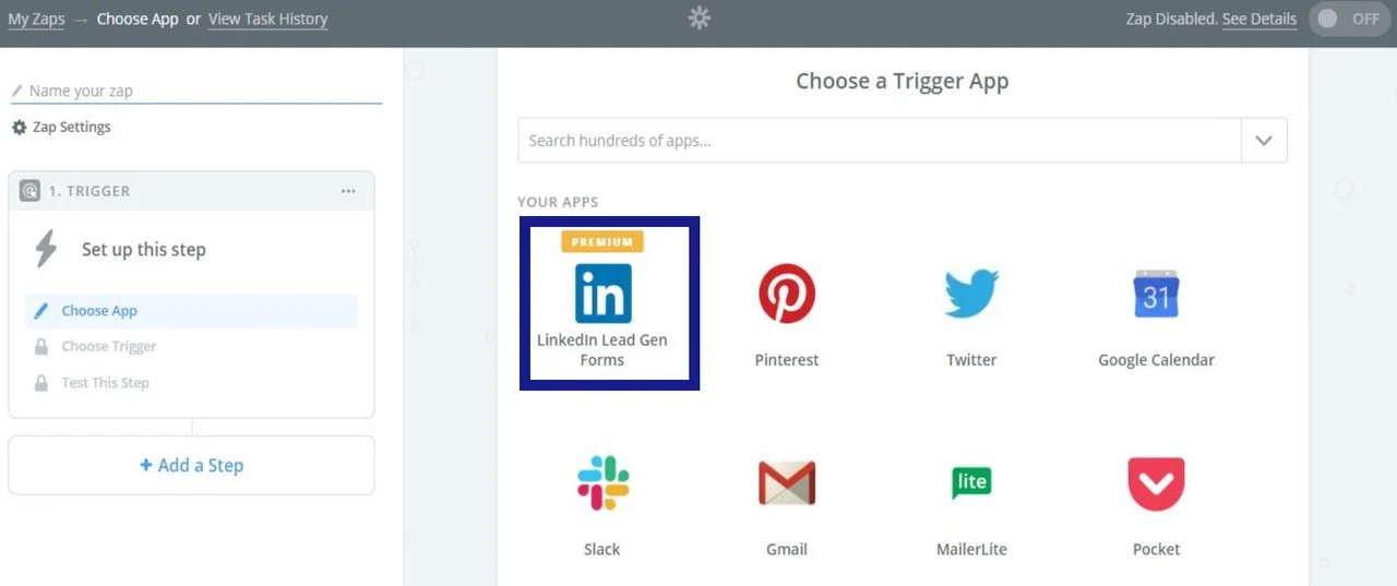 Scegli un'app trigger dall'elenco delle opzioni disponibili dello zapier