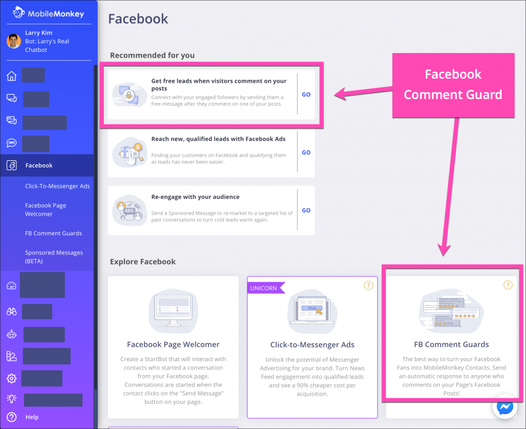 Schritt 1 Facebook-Kommentarschutz in MobileMonkey Erhalten Sie kostenlose Leads