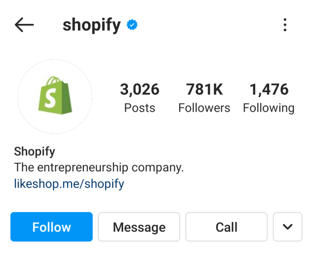 Shopify 的 Instagram 简历。 “创业公司。”