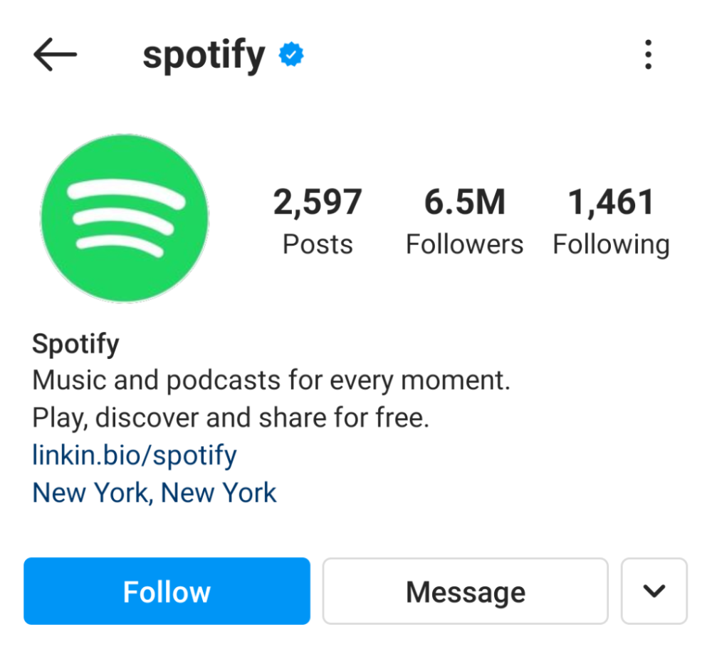 Spotify 的 Instagram 个人资料。 “每时每刻都有音乐和播客。免费玩、发现和分享。”