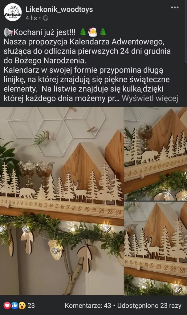 Jeden ze świątecznych postów Likekonik na Facebooku i jego kalendarz do odliczania dni do Bożego Narodzenia