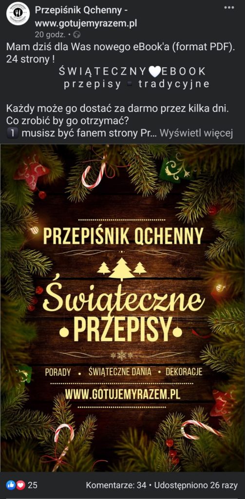 Post z zasadami otrzymania darmowego e-booka od Przepisnika Qchenny (Przepisy świąteczne)