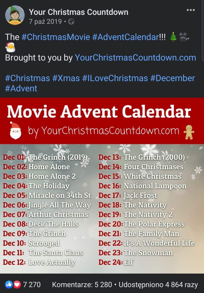 Inspiracje do kalendarza adwentowego z filmami z fanpage Your Christmas Countdown