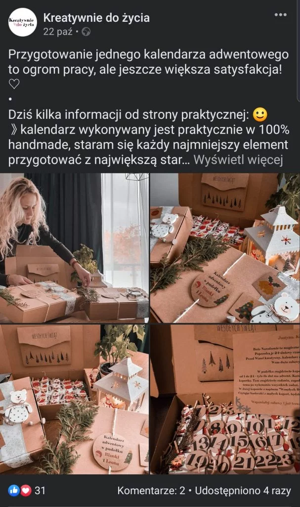 Świąteczny post na Facebooku - Ręcznie robiony kalendarz od Creative to Life