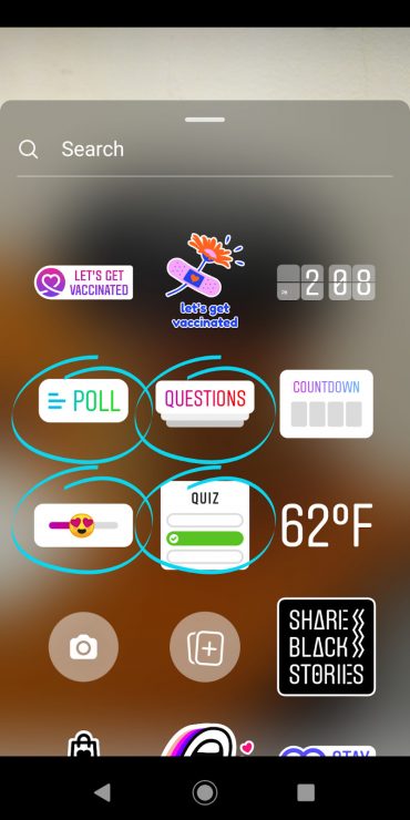 显示投票、问题、表情符号滑块和测验 Instagram 贴纸的图像。