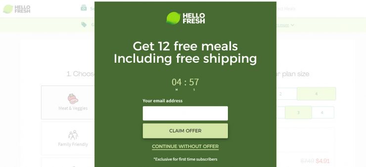 HelloFresh 的桌面登陸頁面。