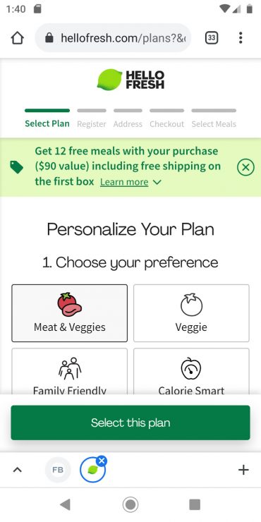 HelloFresh 的移動登陸頁面。