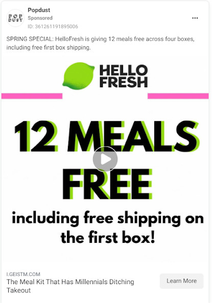 12 頓免費餐食的 HelloFresh 廣告。