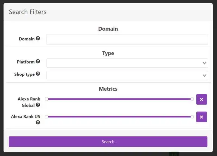 filtros de búsqueda por dominios en dropispy