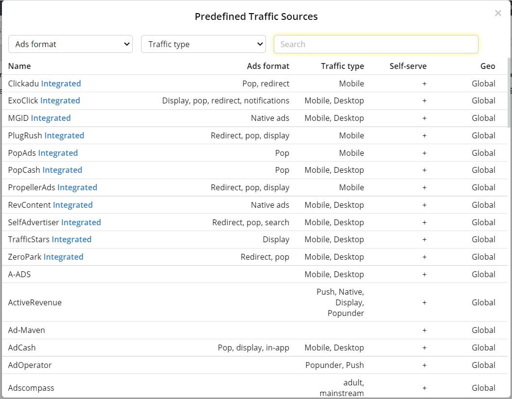 modèles de sources de trafic dans binom tracker