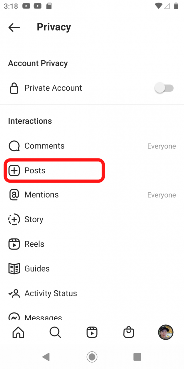 Di bawah Privasi, klik Postingan.