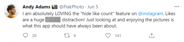 Seorang pengguna Instagram yang senang memuji Instagram untuk fitur suka yang tersembunyi.