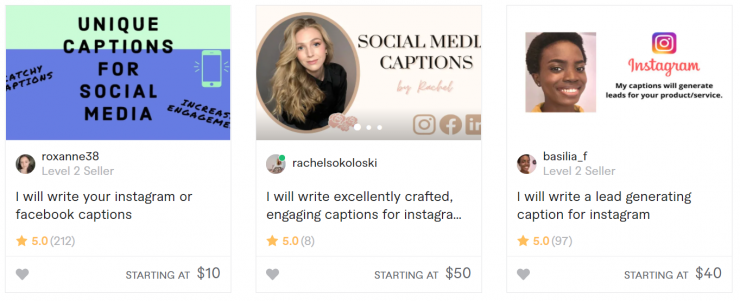 Ejemplos de creadores que venden subtítulos de Instagram en Fiverr
