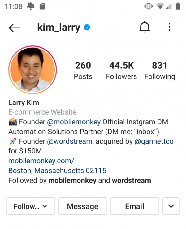 La biografía de Instagram del CEO de MobileMonkey, Larry Kim