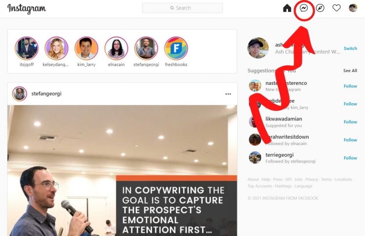 En el escritorio, puede acceder a Instagram Direct en la parte superior derecha de su pantalla