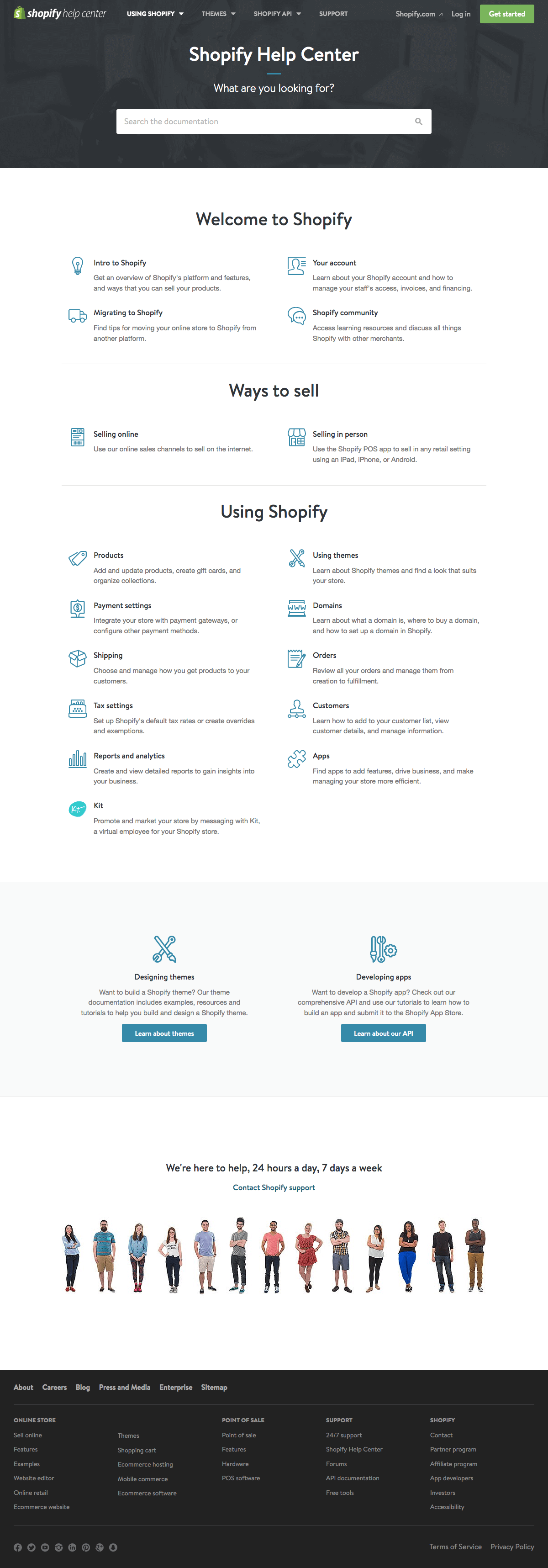 Przykład centrum pomocy Shopify