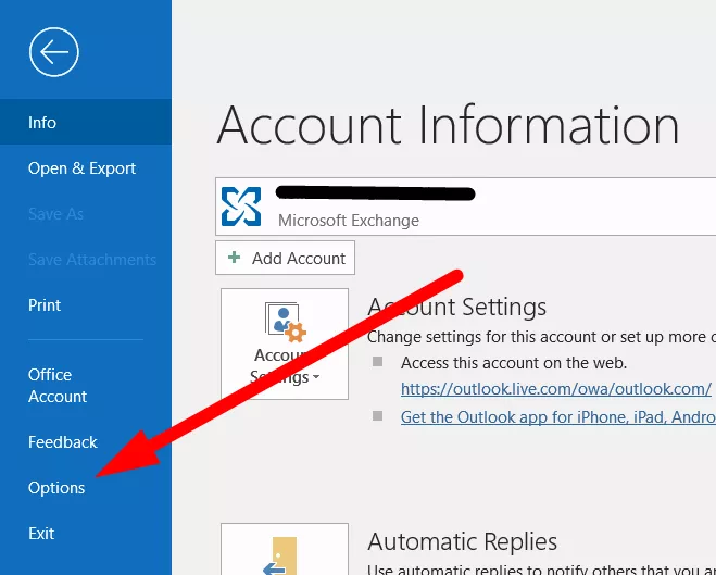 Apri "Opzioni" di Outlook