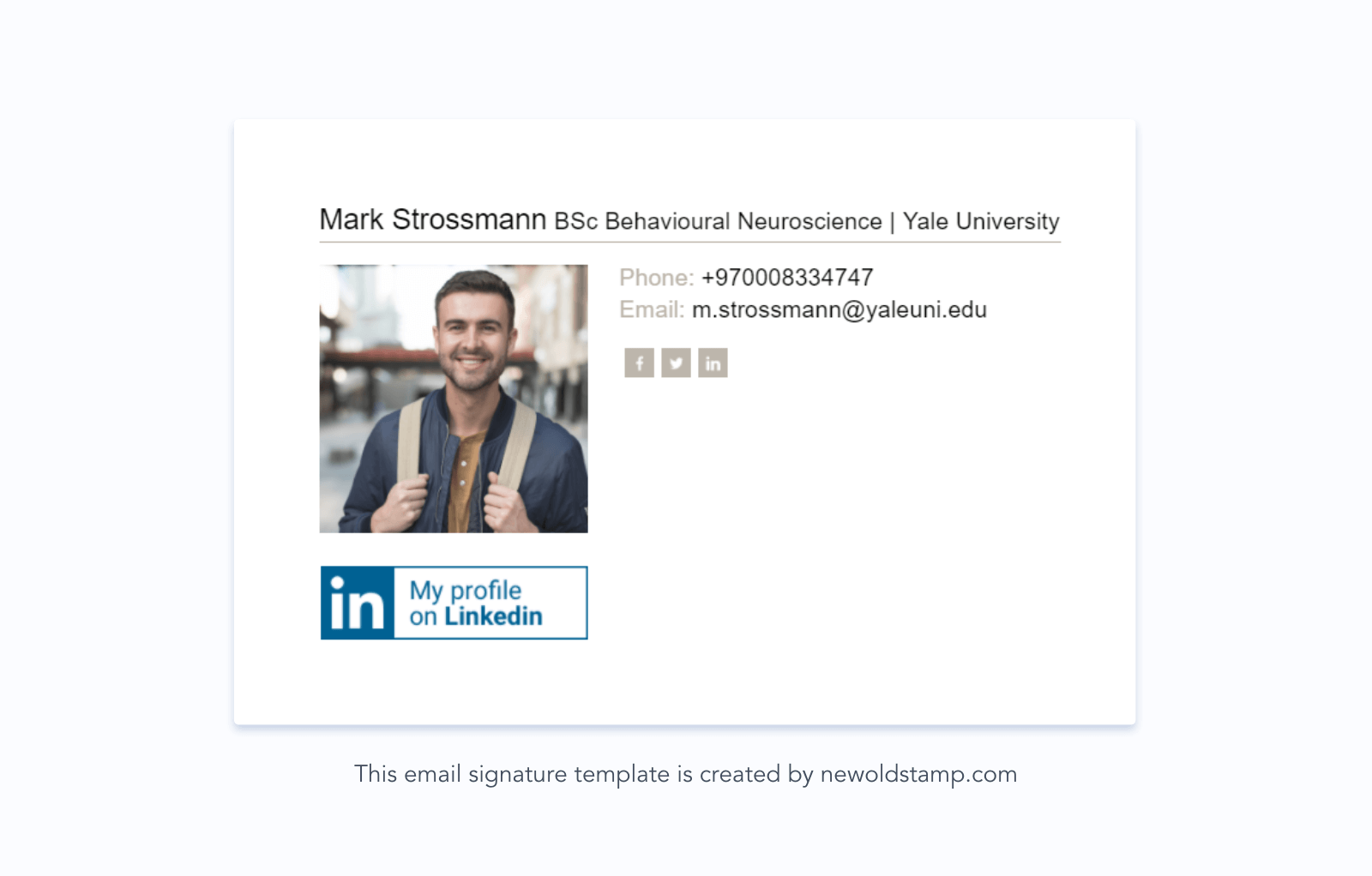 Exemplul 10. Semnătura de e-mail a studentului absolvent cu o invitație de conectare pe LinkedIn