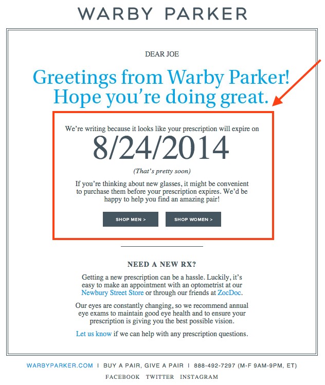 von Warby Parkers auf den Punkt gebrachter E-Mail