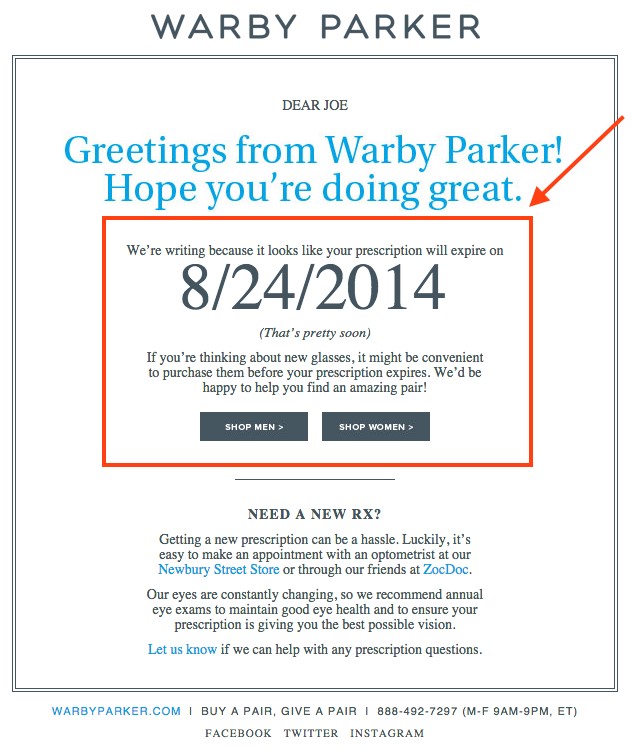 din e-mailul la obiect al lui Warby Parker