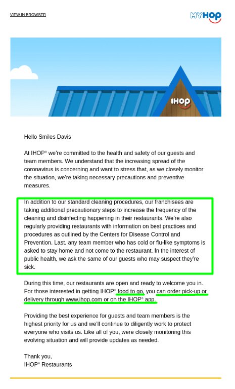 Correo electrónico de Ihop coronavirus