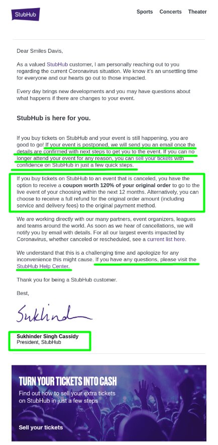 Correo electrónico de coronavirus de Stubhub